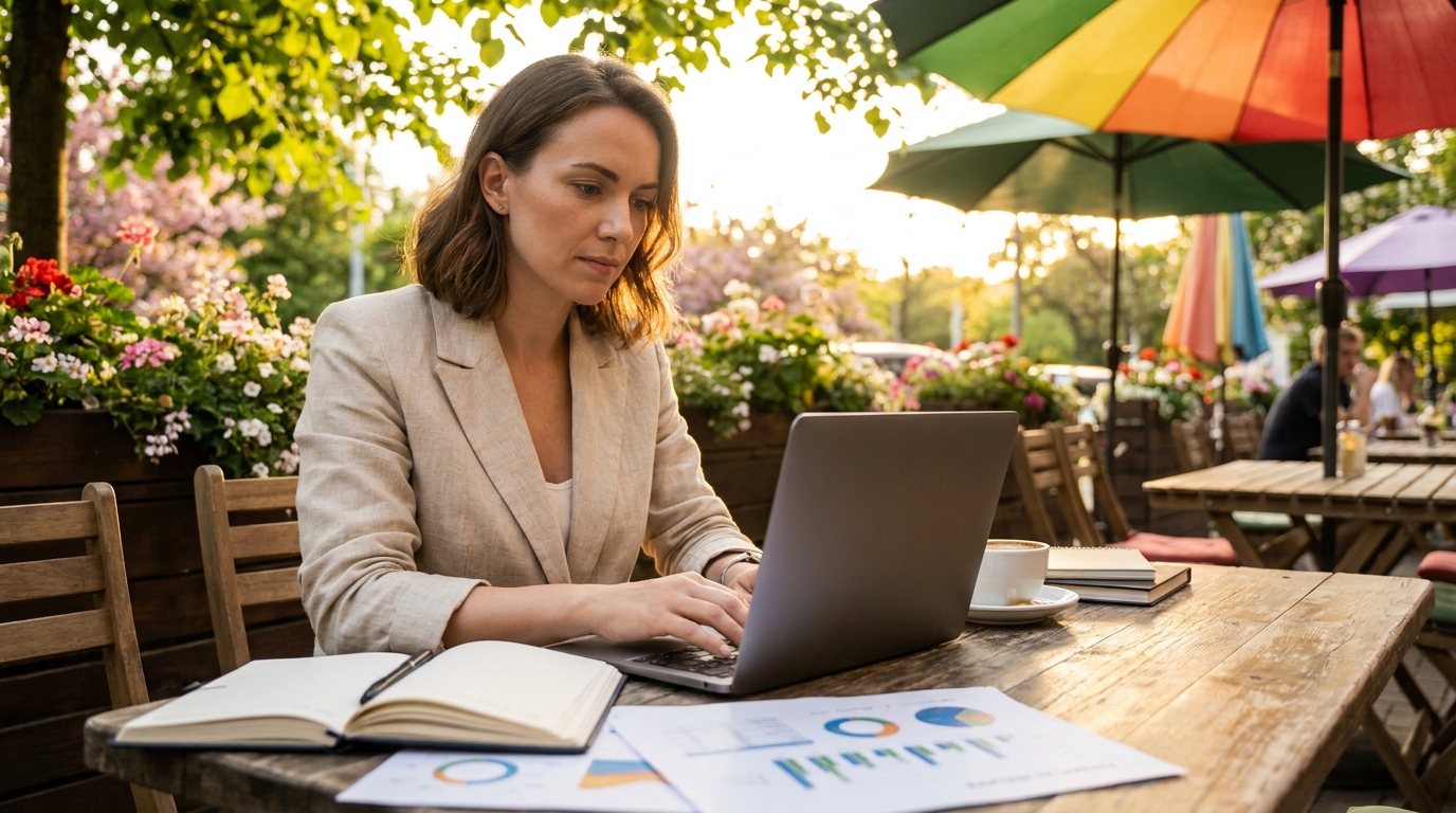 Woman working on a laptop at an outdoor cafe.